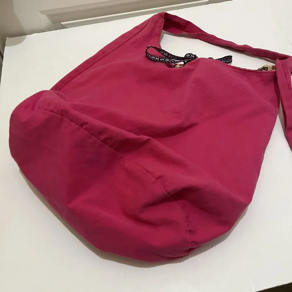 Womens Pink Floral Lined Crossbody Sling Bag Purse Hobo 11X15 Tie Closure